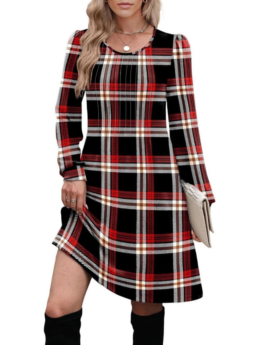 Women's Black Red Plaid Crew Neck Pockets Fall Baby Doll Sweater Mini Dress - Picture 4 of 5